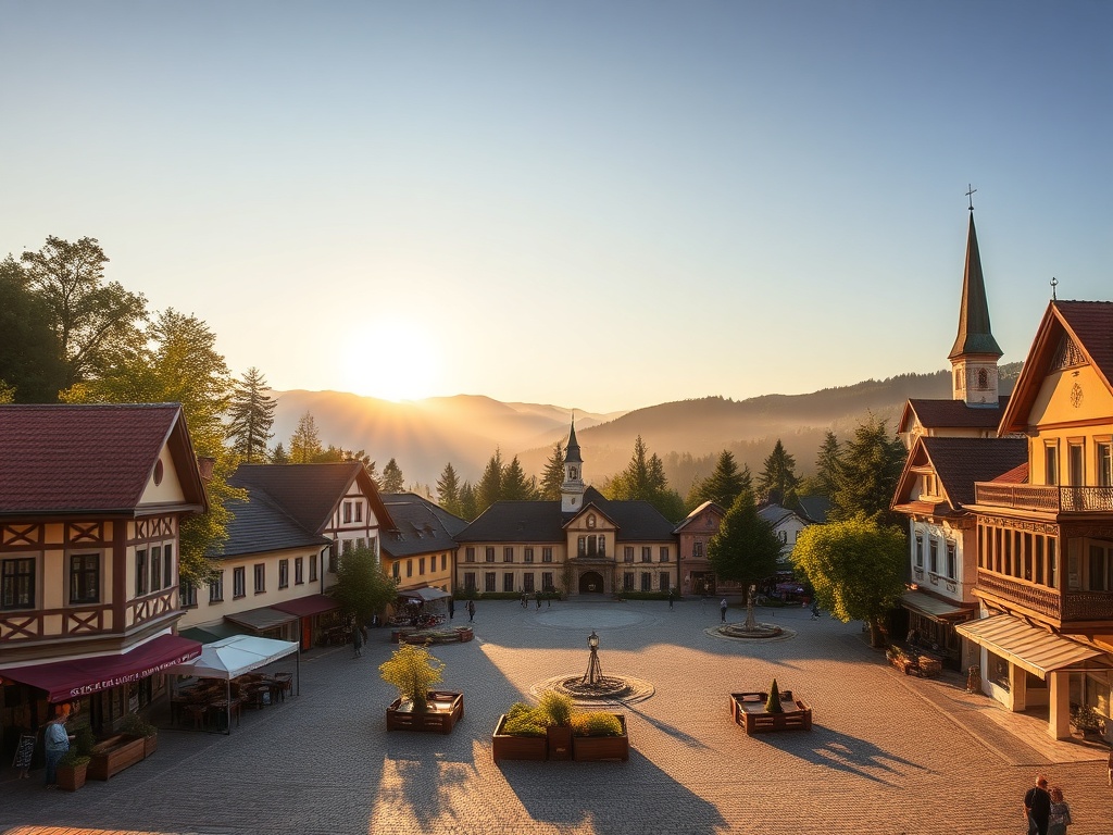 Malowniczy widok na Rynek w Nowym Targu podczas słonecznego dnia, z górami w tle.